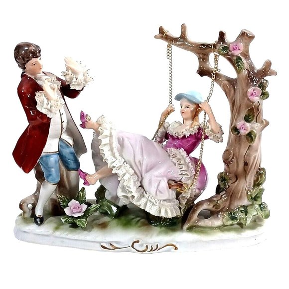 Dresden Other - Romantic Dresden Lace Figurine Sculpture Man Woman Tree Swing Capodimonte